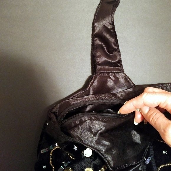 NWOT Black Velvet Shoulder Bag/Tote, Gold Sequins & Beads - Picture 6 of 13